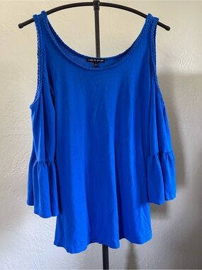 Cable & Gauge Bright Blue Cold-Shoulder Tunic with Braided Straps Flared sleeves
